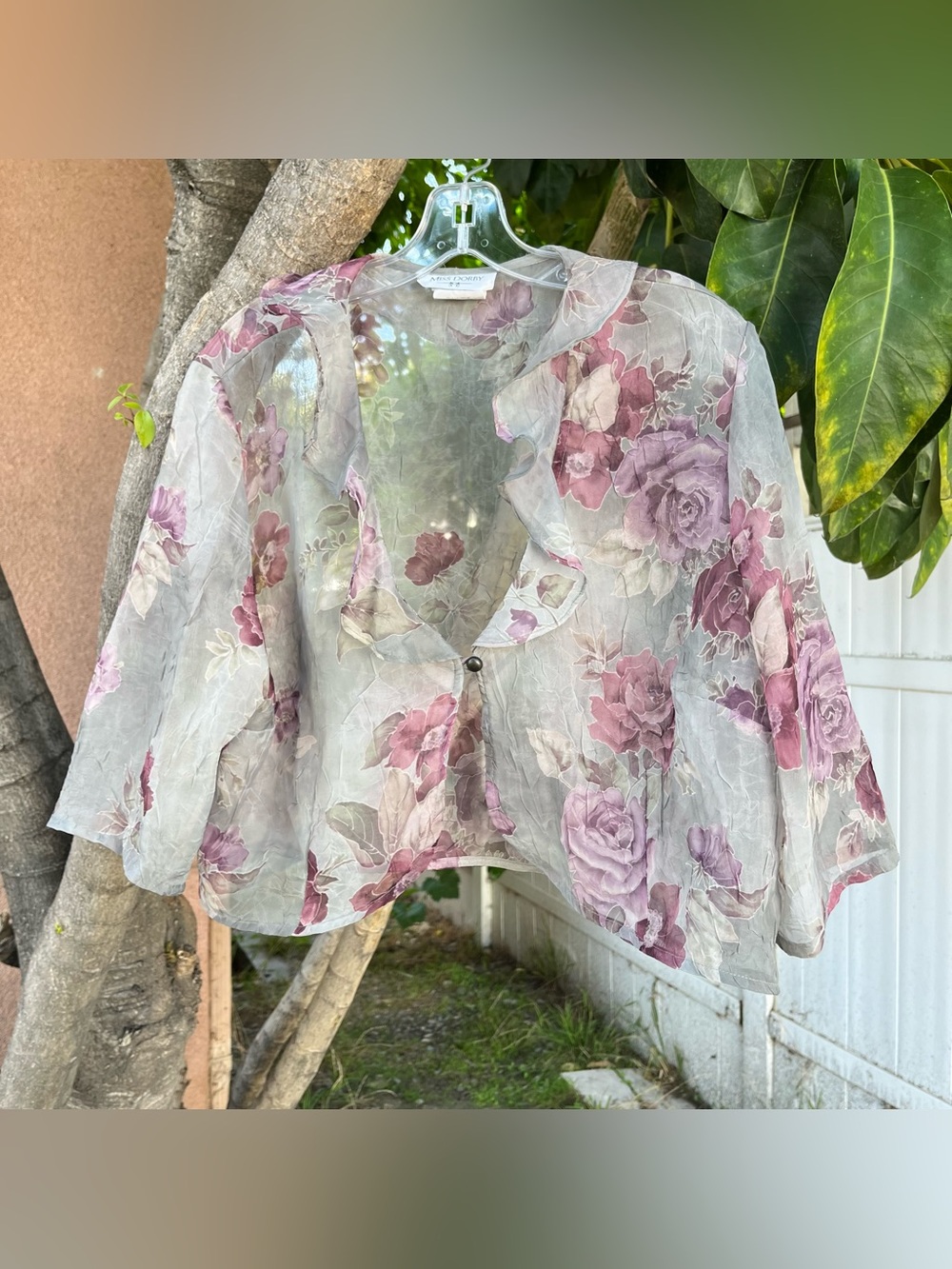 Vintage 90s Miss Dorby Sheer Floral Chiffon Top with a Front Button and Ruffle